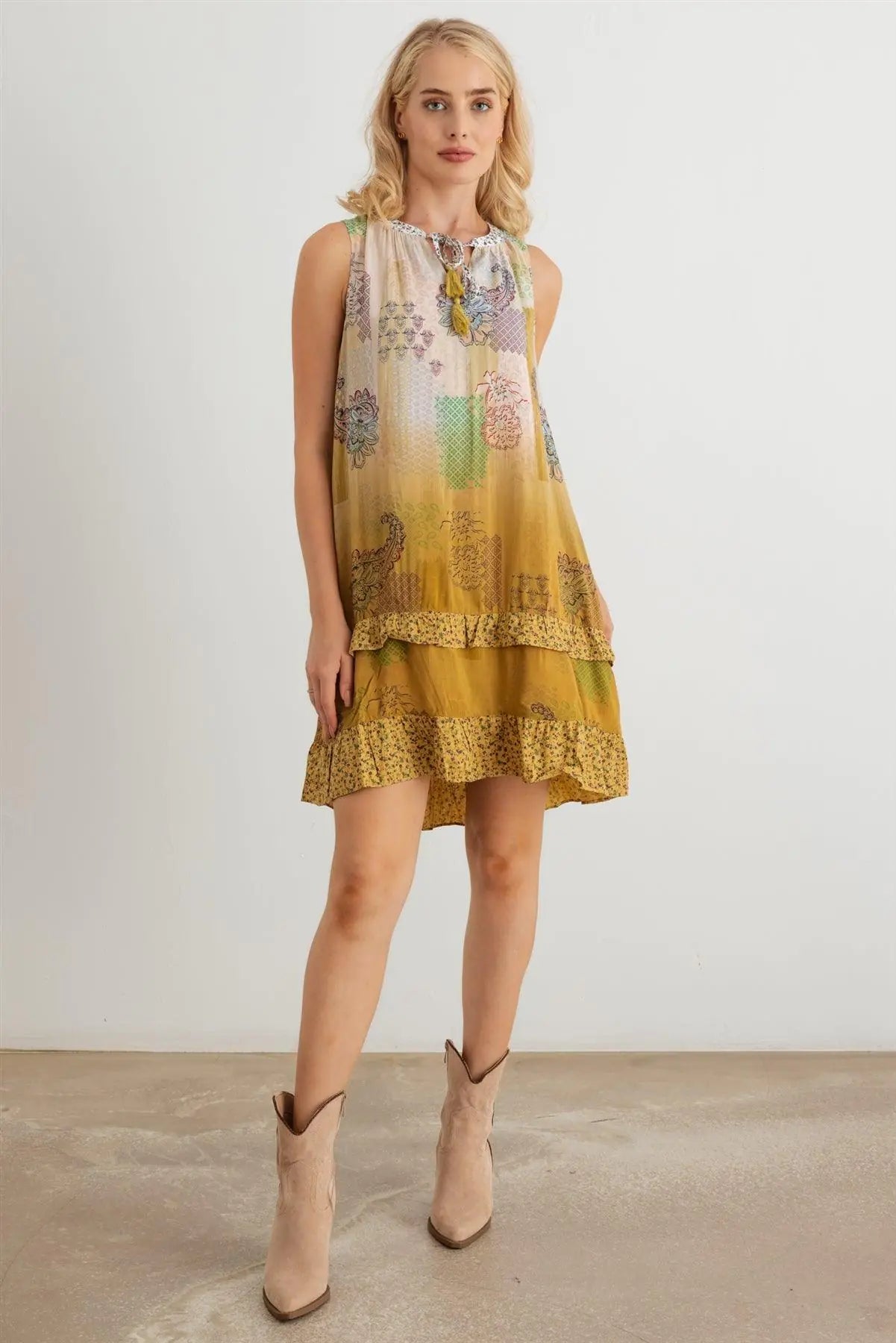 Paisley Tie Neck Sleeveless Ruffle Relax Mini Dress